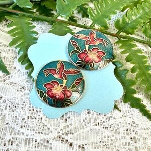 Vintage Cloisonné Hummingbird Circle Earrings
